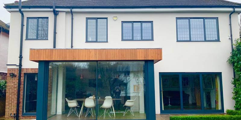 Modern house with blue double glazed windows