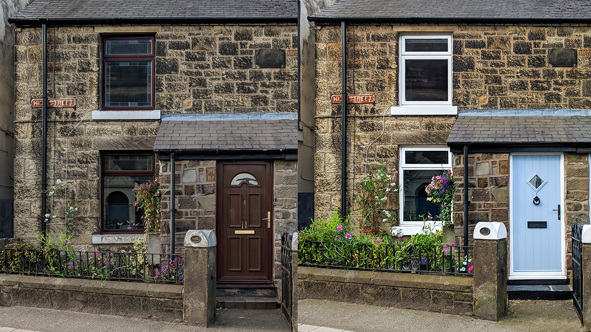 Before and after images of a painted door and window frames
