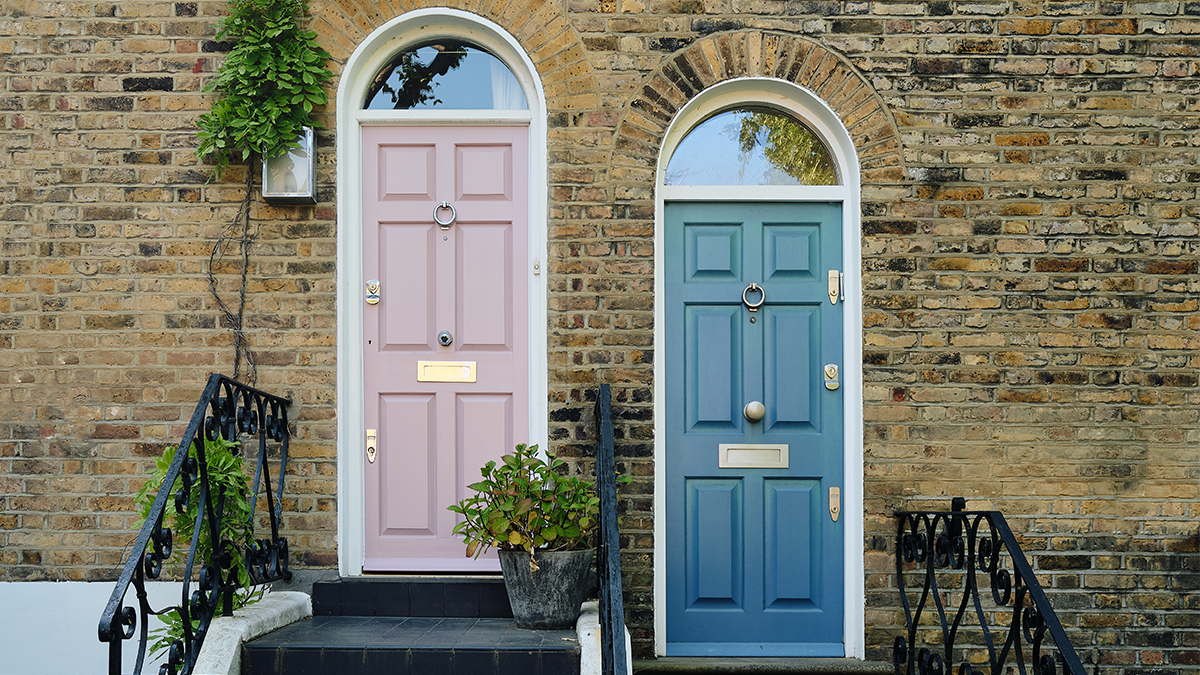 Blue and pink coloured doors